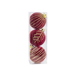 Burgundrote beflockte Samt Weihnachtskugeln 3er-Set mit Goldglitter-Mustern in transparenter Box