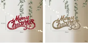 Detailaufnahme des glitzernden Merry Christmas Hängeschilds für festliche Weihnachtsdeko.