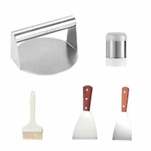 Set de presse a burger en inox avec racloir et saupoudreuse pour cuisine cuisson et patisserie.