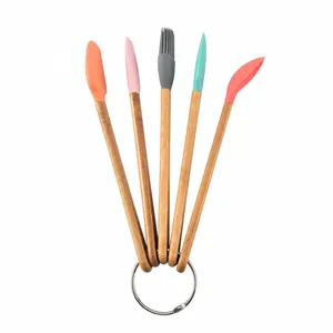 Mini 5-piece silicone kitchen tool set with wooden handles for children's baking tool