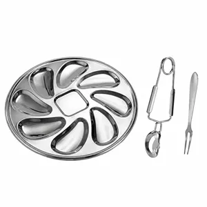 Stainless steel oyster snail plate set with specialized tongs and fork for kitchen