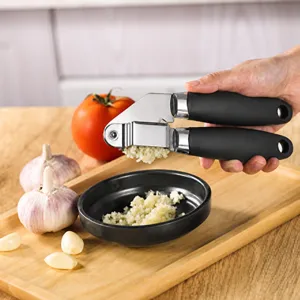 Close-up shot of a manual stainless steel garlic press crushing fresh garlic cloves into a bowl.