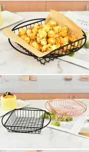 Stainless steel wire snack basket, French fry holder and metal food display rack for kitchen.