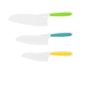 Kids plastic bread knife set, colorful handle serrated fruit and cake cutting tools.