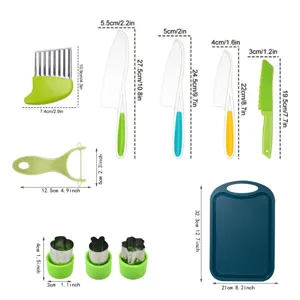 Detailed dimensions of kids plastic kitchen knife set with cutting board and tools.