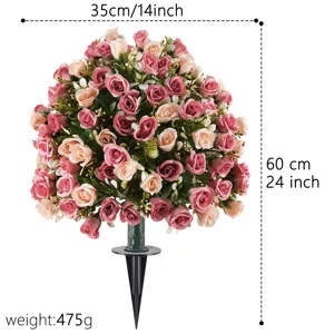 Detailed view of artificial rose flower ball with ground stake, 35x60cm sizing info display.