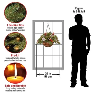 Artificial Christmas hanging basket wreath with lights and pine cones 20 inch decor