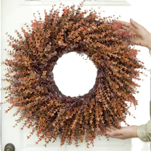 Autumn artificial eucalyptus boxwood leaf wreath for front door home decoration display.