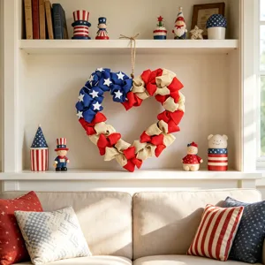 Hermosa Corona Patriótica en Forma de Corazón Bandera de Estados Unidos Decoración