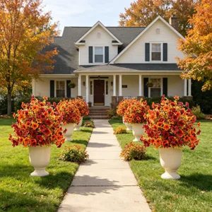 Vista dettagliata vaso fiori autunnali artificiali, decoro giardino esterno con sfere floreali.