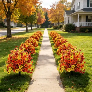 Vista dettagliata di picchetti di fiori artificiali autunnali lungo il bel vialetto.