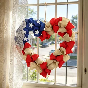 Corona de corazón patriótica con bandera americana para decoración del Día de la Independencia.