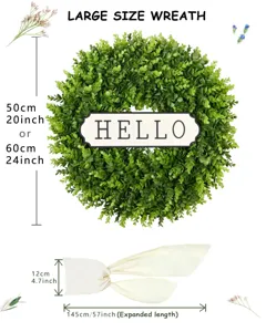 Details zum künstlichen Eukalyptuskranz mit HELLO-Schild und genauen Schleifenmaßen.