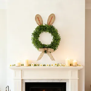 Couronne de lapin de Pâques artificielle en buis avec oreilles en jute pour la porte.