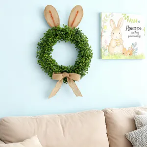 Couronne de lapin de Pâques feuille verte printemps porte d'entrée décoration détail