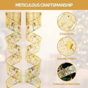 Detailansicht des goldenen Weihnachtsbandes mit Sternenmuster und 2 Zoll Breite.