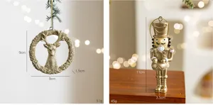 Goldene Harz Weihnachtsbaum Hängeornamente, Hirschkranz und Nussknacker Figuren für Feiertagsdekor.
