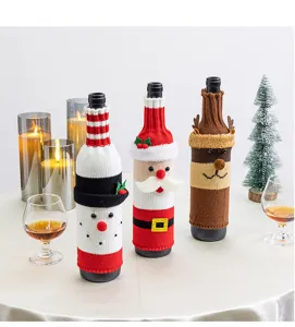 Christmas knitted wine bottle cover set featuring cute snowman, Santa, and reindeer designs.