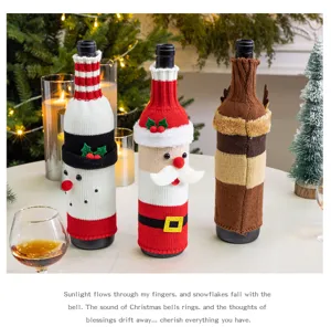 Christmas knit wine bottle covers set, cute snowman santa reindeer decor for holiday party.