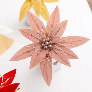 Rosa Samt künstliche Weihnachtsblume mit Glitzer Pailletten, ideal für Feiertag DIY Dekoration.