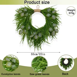 Artificial eucalyptus wreath size and detail view, 55cm spring hanging decoration