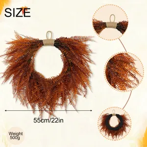 Artificial fern hanging plant detail view, 55cm autumn wreath with realistic leaves.