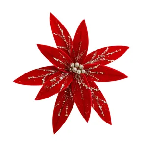 Rote Samt Weihnachtsblume Dekoration mit Glitzer Pailletten künstlicher Blumenanhänger