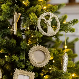 Champagner Harz Christbaum Hängeornamente Set mit Elch, Fotorahmen und Zapfen Dekoration.