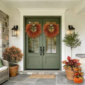 Autumn fern hanging wreath scene, beautifully displayed on double doors for seasonal decor.