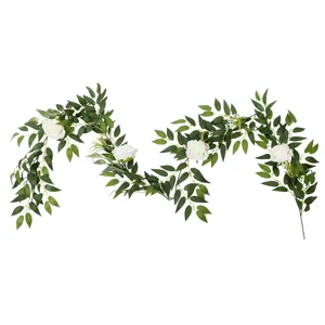 Künstliche Rosenblüten Girlande grüne Blätter für Hochzeit Heim Party Tisch Deko