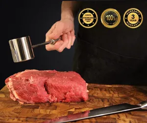 Stainless steel meat tenderizer hammer tool for kitchen cooking, durable double-sided design.