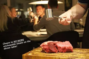 Stainless steel meat tenderizer tool with double-sided mallet head for kitchen cooking.