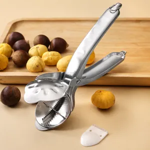 Stainless steel chestnut opener tool with cross serrations for easy nut peeling and cracking.
