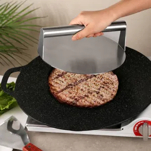 Stainless steel burger press tool, large meat patty maker for kitchen cooking and grill use.