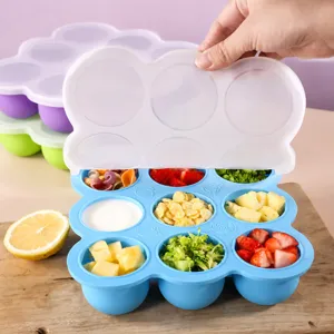 Silicone baby food storage container 9-compartment freezer tray with clear lid for fruit