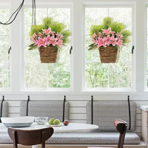 Hanging artificial pink lily flower basket scene display, perfect for spring home wall decor.