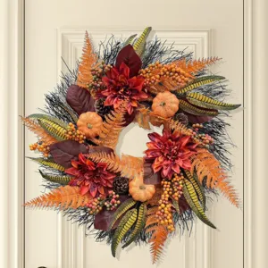 Autumn Harvest Wheat Wreath Thanksgiving Decoration Artificial Maple Leaves Pumpkin Berry Floral Wreath For Front Door Home Hanging