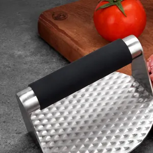 Stainless steel meat press hamburger smasher with silicone handle for BBQ and kitchen cooking.
