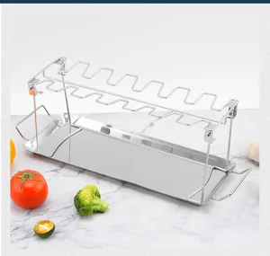 Stainless steel foldable chicken leg roasting rack detail view for outdoor BBQ and baking tools.