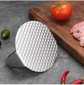 Stainless steel hamburger press patty maker, durable kitchen tool for making homemade burgers easily.