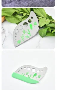 Stainless steel herb stripper kitchen tool with multiple holes and green handle for fresh herbs.