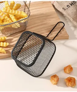 Black metal mesh french fry basket for restaurant snacks, fried chicken and chips presentation.
