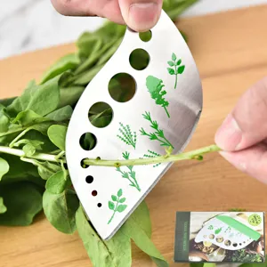 Stainless steel 9-hole herb stripper kitchen tool for easily removing leaves from stems.