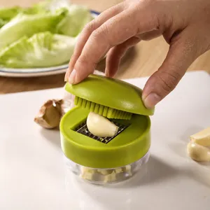 Mini manual garlic press chopper, green plastic portable kitchen tool for crushing garlic cloves.