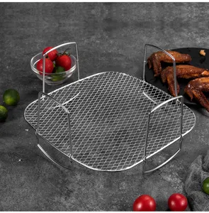 Stainless steel square air fryer rack, dehydrator mesh grid and baking steaming grill accessory.