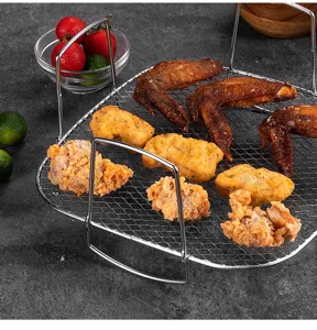 Stainless steel air fryer rack detail view, multi-purpose grill mesh for cooking accessories.
