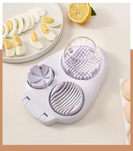 Multi-functional egg slicer, 3-in-1 kitchen tool for easy egg slicing, dicing, and wedging.