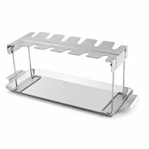 Stainless steel folding chicken leg rack with drip tray for outdoor BBQ grilling.