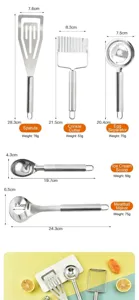 Set di utensili da cucina in acciaio inossidabile, include spatola, tagliapatate, separa uova.