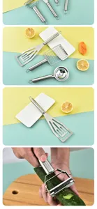 Set di utensili da cucina in acciaio inossidabile con pelapatate, separatore e strumenti di taglio.